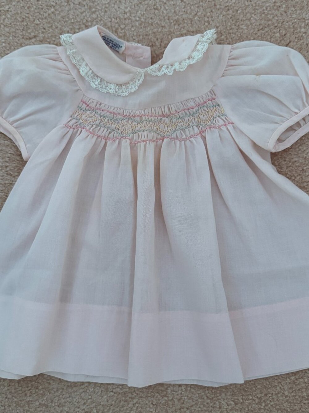 Vintage Polly Flinders Pale Pink Smocked Dress Lace Collar Edge Puff Sleeves 24M